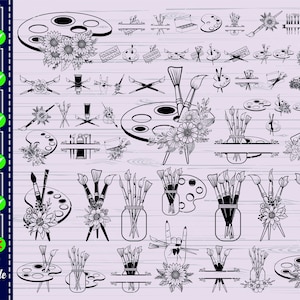 Fournitures d'artiste SVG, # 1, pinceaux Svg, palette florale Svg, pot avec des pinceaux Svg, fournitures scolaires SVG, fichier Svg fleurs, Cricut, Eps, Dxf