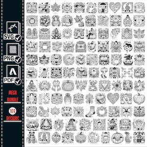 May include: A black and white digital art mega bundle featuring 109 designs. The designs include fall-themed illustrations such as pumpkins, leaves, and cozy sweaters. The image also includes SVG, PNG, and PDF file type icons.