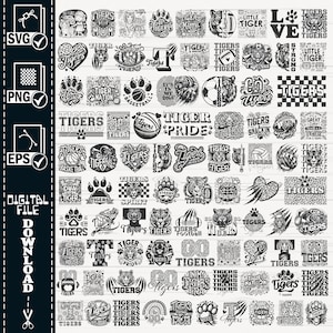 Paquete MEGA de tigres Svg, n.° 2, tigre svg, archivos de silueta cricut de la mascota de los tigres, tigres png, espíritu escolar de los tigres svg, camiseta deportiva con el logotipo de los tigres