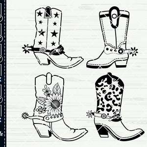 K&ouml;nnte beinhalten: Vier schwarz-wei&szlig;e Silhouettenbilder von Cowboystiefeln. Die Stiefel haben unterschiedliche Designs auf der Oberseite des Stiefels. Ein Stiefel hat Sterne, ein anderer ein Blumenmuster, ein anderer einen Leopardenprint und ein anderer ein schlichtes Design.