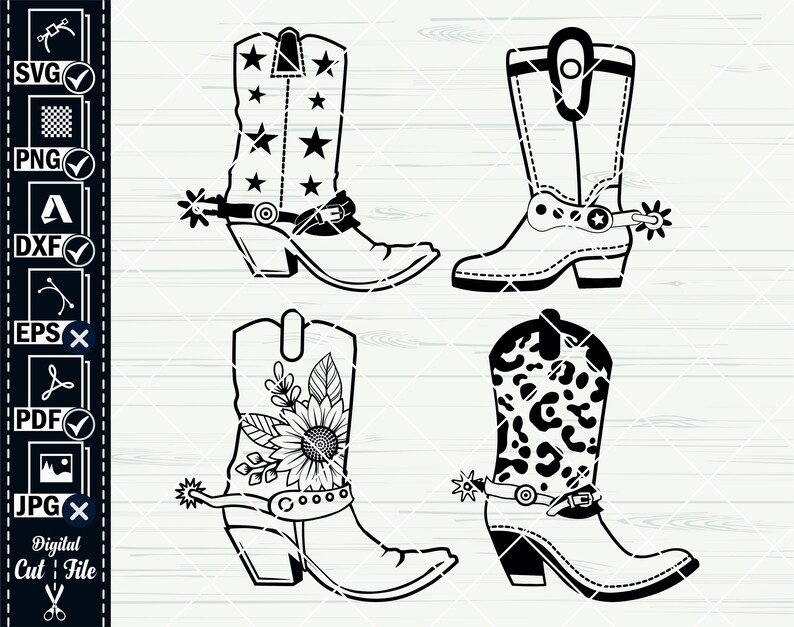 K&ouml;nnte beinhalten: Vier schwarz-wei&szlig;e Silhouettenbilder von Cowboystiefeln. Die Stiefel haben unterschiedliche Designs auf der Oberseite des Stiefels. Ein Stiefel hat Sterne, ein anderer ein Blumenmuster, ein anderer einen Leopardenprint und ein anderer ein schlichtes Design.