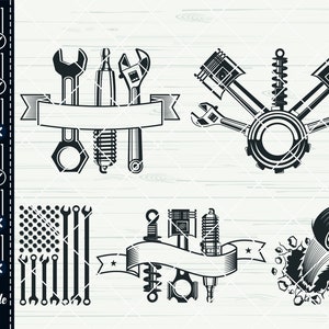 May include: A set of four black and white digital cut files featuring automotive parts, including wrenches, pistons, spark plugs, and a tire. The files are perfect for creating custom designs for t-shirts, mugs, decals, and more.