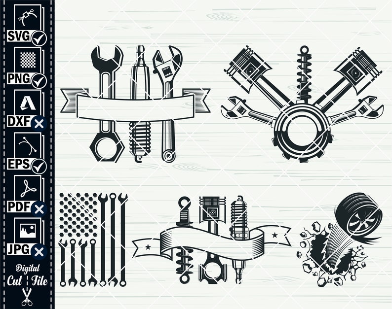 May include: A set of four black and white digital cut files featuring automotive parts, including wrenches, pistons, spark plugs, and a tire. The files are perfect for creating custom designs for t-shirts, mugs, decals, and more.