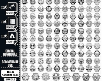 May include: A black and white graphic design bundle of 126 US National Park logos. Each logo features a unique design representing a different park. The logos are arranged in a grid pattern and include text that identifies each park.