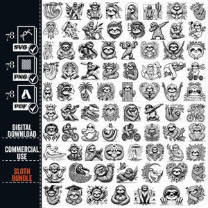 May include: A set of 78 black and white sloth illustrations. The sloths are in various poses, including sleeping, eating, and playing. The illustrations are perfect for use in crafts, scrapbooking, and other creative projects.