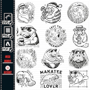 May include: A set of 10 black and white illustrations featuring manatees in various poses and settings. The illustrations include manatees wearing sunglasses, hats, and holding drinks. Some illustrations feature text such as "Save the Mermaids" and "Manatee Lover".