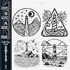 May include: Four black and white line art illustrations of lighthouses. The first shows a lighthouse on a rocky cliff with a crescent moon and stars in the sky. The second shows a lighthouse with beams of light emanating from it. The third shows a lighthouse on a rocky island with birds flying overhead. The fourth shows a lighthouse on a rocky island with clouds in the sky.