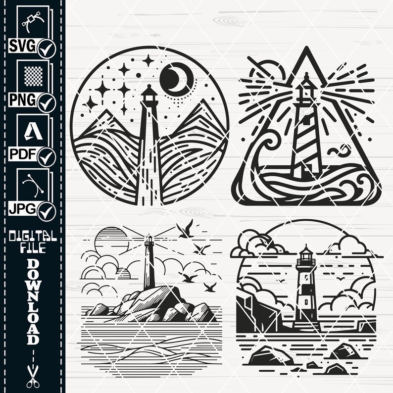 May include: Four black and white line art illustrations of lighthouses. The first shows a lighthouse on a rocky cliff with a crescent moon and stars in the sky. The second shows a lighthouse with beams of light emanating from it. The third shows a lighthouse on a rocky island with birds flying overhead. The fourth shows a lighthouse on a rocky island with clouds in the sky.
