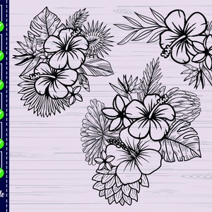 May include: Black and white line art illustration of three tropical flower arrangements. Each arrangement features hibiscus flowers, leaves, and other tropical foliage.