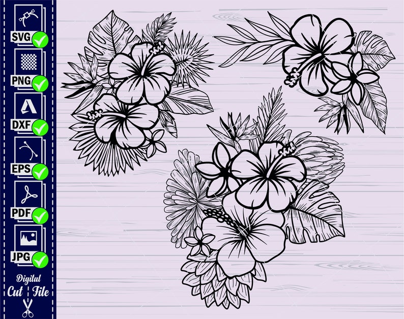 May include: Black and white line art illustration of three tropical flower arrangements. Each arrangement features hibiscus flowers, leaves, and other tropical foliage.