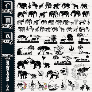 Olifant Svg BUNDEL, bloemen olifant Svg, moeder en baby olifant SVG, olifant mandala svg, gesneden bestand, silhouet, clipart, cricut, vector,