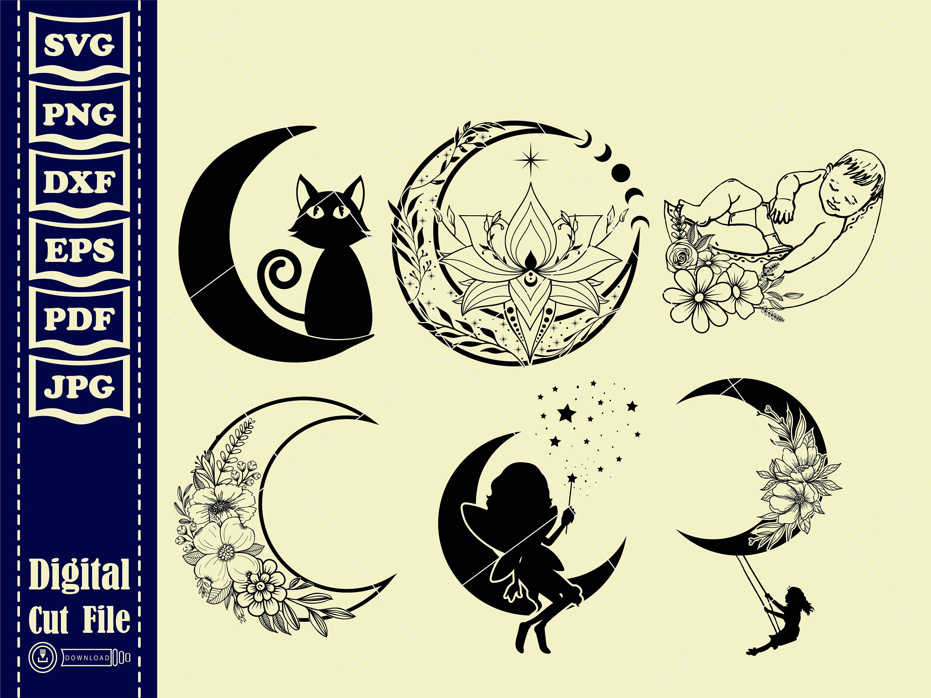 Flower Moon Svg 3 Floral Moon Svg Crescent Moon Svg Flower Etsy