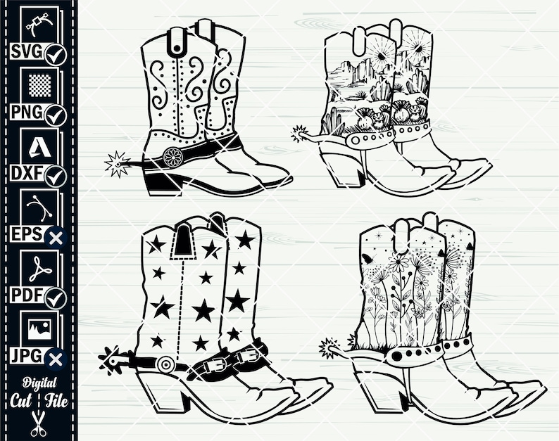 K&ouml;nnte beinhalten: Vier Paar schwarze Cowboy-Stiefel mit verschiedenen Designs. Die Stiefel haben eine spitze Zehenpartie und einen Sporen an der Ferse. Die Designs beinhalten Sterne, Blumen und eine W&uuml;stenlandschaft.