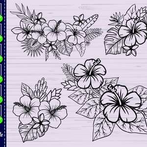 May include: Four black and white line drawings of hibiscus flowers with leaves. The flowers are in different arrangements and sizes.