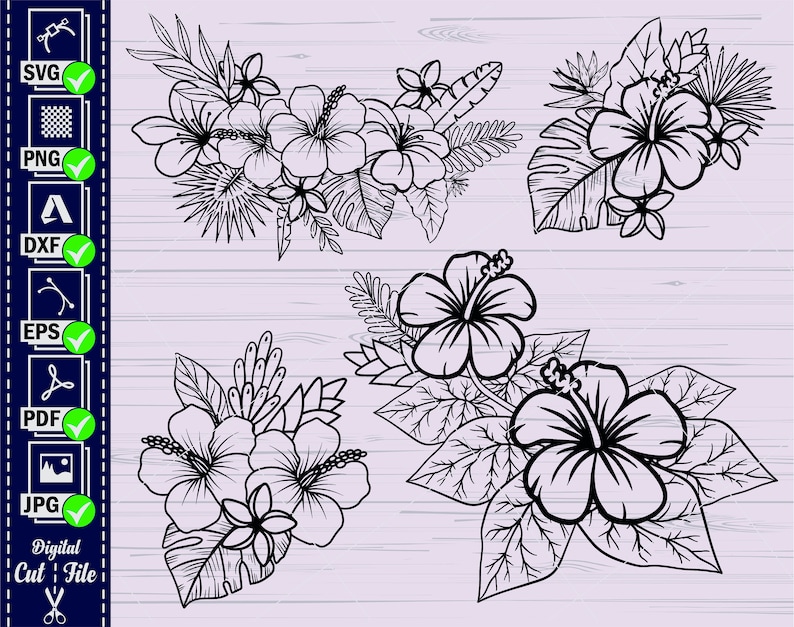 May include: Four black and white line drawings of hibiscus flowers with leaves. The flowers are in different arrangements and sizes.