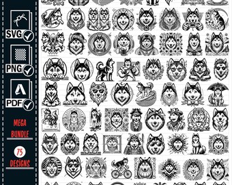 Siberian Husky Clipart Bundle, Dog Lover SVG PNG PDF (75 Designs)