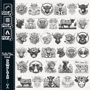 ハイランド牛 SVG | ハイランド牛 PNG | ハイランド牛の頭 SVG | 牛 SVG | かわいい牛 SVG | 牛 PNG|ハイランド牛 SVG バンドル|カットされた赤ちゃんハイランド SVG