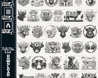 ハイランド牛のSVGバンドル | 花柄牛のPNG、PDFファイル（デジタルダウンロード）