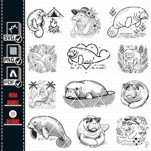 May include: A set of 9 black and white line art illustrations of manatees in various poses. The manatees are depicted in different settings, including a campfire, a beach, and a floral arrangement. The illustrations are perfect for use in digital or physical products.