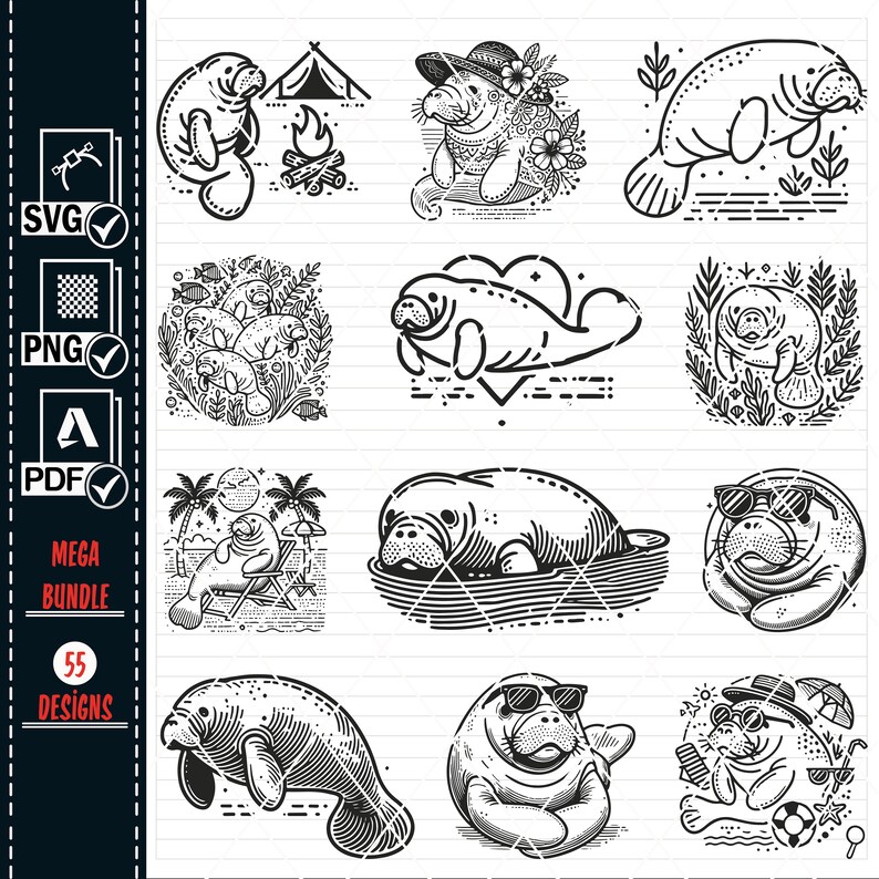 May include: A set of 9 black and white line art illustrations of manatees in various poses. The manatees are depicted in different settings, including a campfire, a beach, and a floral arrangement. The illustrations are perfect for use in digital or physical products.