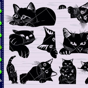 Op de afbeelding: Een set digitale snijbestanden met zwarte silhouette-kattenillustraties. De set bevat een kat die over een muur kijkt, een kat die zich oprolt, een kat met zijn hoofd gekanteld, een kat met zijn poten omhoog en een kat met zijn staart om zijn lichaam gewikkeld.