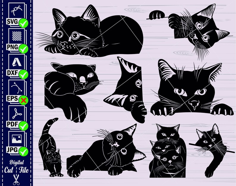 Op de afbeelding: Een set digitale snijbestanden met zwarte silhouette-kattenillustraties. De set bevat een kat die over een muur kijkt, een kat die zich oprolt, een kat met zijn hoofd gekanteld, een kat met zijn poten omhoog en een kat met zijn staart om zijn lichaam gewikkeld.