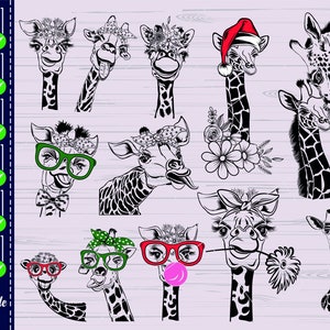 Giraffe SVG-bestand knippen #1, bloemen, bandana, grappige giraffen met bril, Afrikaanse safaridieren, hoofd, gezicht, kerst clipart vector, Cricut, dxf