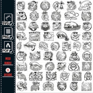 Puede incluir: Un conjunto de 55 ilustraciones digitales en blanco y negro que representan manatíes en varias poses y escenarios. Las ilustraciones incluyen manatíes con gafas de sol, sosteniendo bebidas, nadando y relajándose. El texto "Manatee Lover" aparece en una de las ilustraciones.