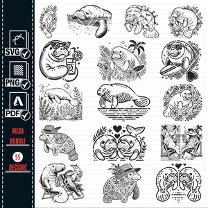 May include: A set of 55 black and white digital illustrations of manatees in various poses and settings. The manatees are depicted in a cartoon style with simple lines and details. Some of the manatees are wearing hats, sunglasses, and holding drinks. Others are swimming, surfing, or relaxing in the water. The illustrations are perfect for use in digital projects, such as websites, social media, and printed materials.
