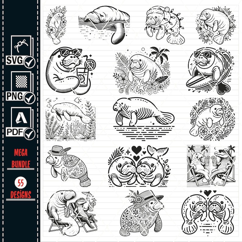 May include: A set of 55 black and white digital illustrations of manatees in various poses and settings. The manatees are depicted in a cartoon style with simple lines and details. Some of the manatees are wearing hats, sunglasses, and holding drinks. Others are swimming, surfing, or relaxing in the water. The illustrations are perfect for use in digital projects, such as websites, social media, and printed materials.