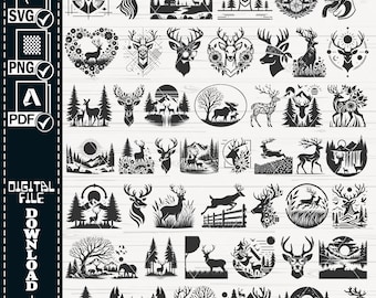 Deer Svg, Moose In Forest Svg Bundle, Moose Scene Svg, Forest Scene Svg, Png, Mountain Forest Svg, Svg File, Svg Files for Cricut, Vector
