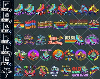 Puede incluir: Un conjunto de archivos de corte digital de diseños de patines de colores con texto como "Roller Girl", "Queen Skating", "Let's Roll", "Skate Skate Skate", "Old School Skaters" y "Good Times Roll".