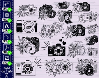 May include: A digital cut file featuring various camera designs in black and white. Some cameras are adorned with floral arrangements, hearts, or eyelashes. The file formats include SVG, PNG, DXF, EPS, PDF, and JPG.