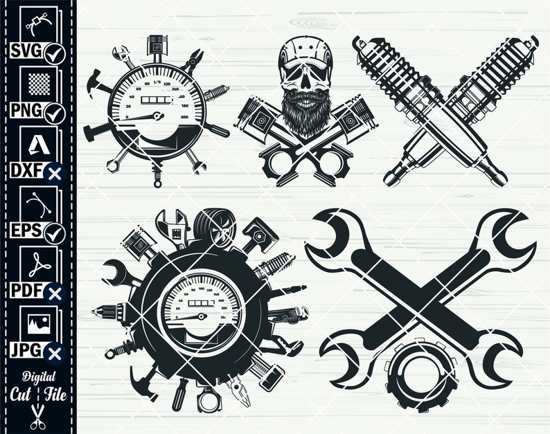 May include: A set of four black and white vector illustrations of car parts and tools. The illustrations include a speedometer, a skull with a beard, two crossed wrenches, and two crossed spark plugs.