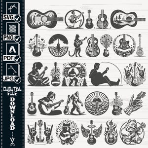 Gitaar SVG, gitaar clipart, muziek svg, gitarist meisje, gevleugelde gitaar, silhouet gesneden bestand, sticker, stencil, vinyl, cricut-bestand, Graveerbaar bestand,