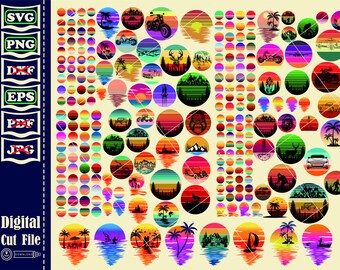 Retro Sunset SVG Bundle, Palm Tree svg, Vintage Retro Sunset SVG, Retro Vintage Clipart , Retro svg, Sunset SVG, Sun svg, Commercial use