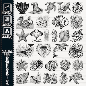 Bloemen zeedieren SVG, Oceaan dieren Svg, Sea Life Svg-bestand paard kwallen zeeleven vissen onderwater haaien schildpadden koralen octopus SVG