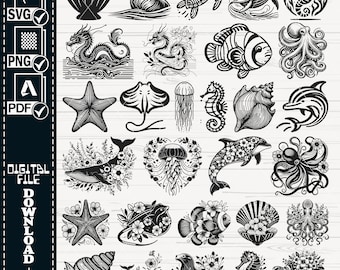 Animais Marinhos Florais em SVG, Clipart da Vida Marinha (Download Digital)