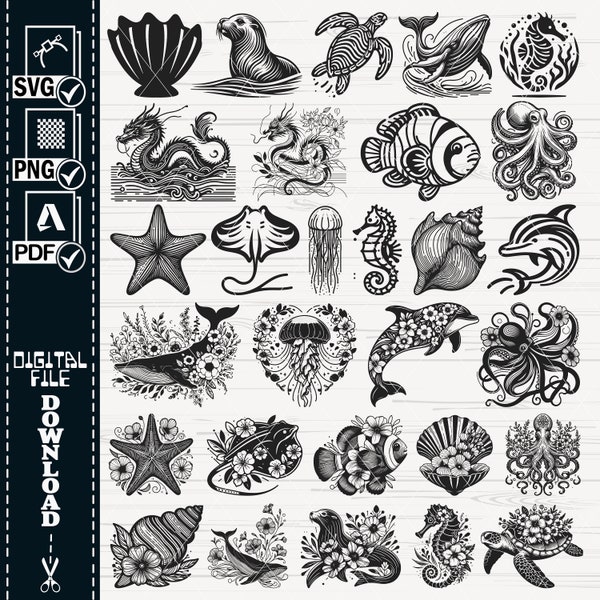 Floral Sea Animals SVG, Ocean Animals Svg, Sea Life Svg file Horse jellyfish Marine Life Fishes Underwater Sharks Turtles Corals Octopus SVG