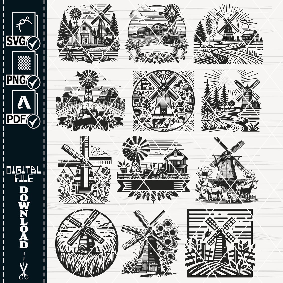 Farm Windmill SVG Cut Files, Floral Windmill Clipart (digital Download ...