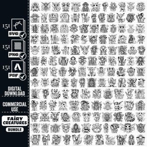 May include: A set of 151 black and white digital illustrations of fairy creatures. The illustrations are in a cartoon style and feature a variety of different creatures, including fairies, gnomes, and other mythical beings.