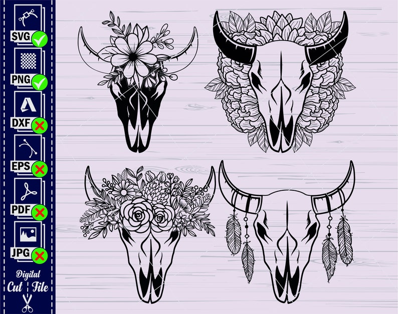 Cow Skull With Flowers SVG 1 Cow Skull Feathers Svg Cow - Etsy