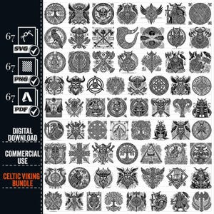 Puede incluir: Un paquete gráfico de descarga digital con 67 diseños celtas vikingos en formatos SVG, PNG y PDF. Las ilustraciones en blanco y negro incluyen guerreros vikingos, hachas, escudos y patrones de nudos celtas. El texto dice "DESCARGA DIGITAL", "USO COMERCIAL" y "CELTIC VIKING BUNDLE".
