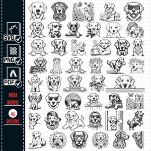 GOLDEN RETRIEVER SVG Png großes Bündel, sofortiger Download, Hunde Gesicht zwart, lustige Golden Retriever ClipArt, Hund zwart, Haustier Porträt, Cricut, Vektor