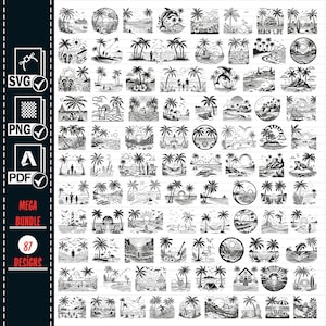 BEACH SCENE SVG Png Mega Bundle, Verão Praia Vida Svg Oceano Pôr do sol Palmeira Ilha Tropical Relaxe Férias Arquivo Cricut Corte Uso Comercial