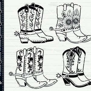 K&ouml;nnte beinhalten: Eine digitale Schnittdatei mit vier Paaren Cowboy-Stiefel. Jedes Paar ist in einem anderen Stil gehalten, wobei ein Paar mit Blumenmustern verziert ist.