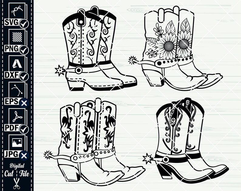 K&ouml;nnte beinhalten: Eine digitale Schnittdatei mit vier Paaren Cowboy-Stiefel. Jedes Paar ist in einem anderen Stil gehalten, wobei ein Paar mit Blumenmustern verziert ist.