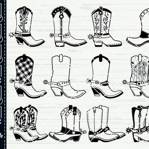 K&ouml;nnte beinhalten: Ein Set mit 10 schwarzen und wei&szlig;en Cowboy-Stiefel-Silhouetten. Die Stiefel sind alle in verschiedenen Stilen, einige mit Mustern wie Karos und Blumenmustern.