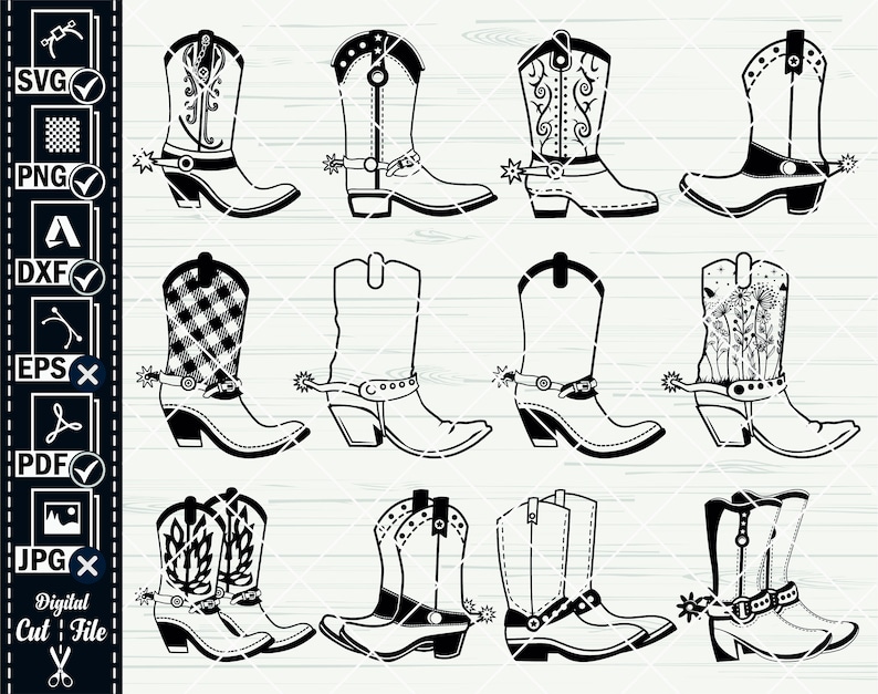 K&ouml;nnte beinhalten: Ein Set mit 10 schwarzen und wei&szlig;en Cowboy-Stiefel-Silhouetten. Die Stiefel sind alle in verschiedenen Stilen, einige mit Mustern wie Karos und Blumenmustern.