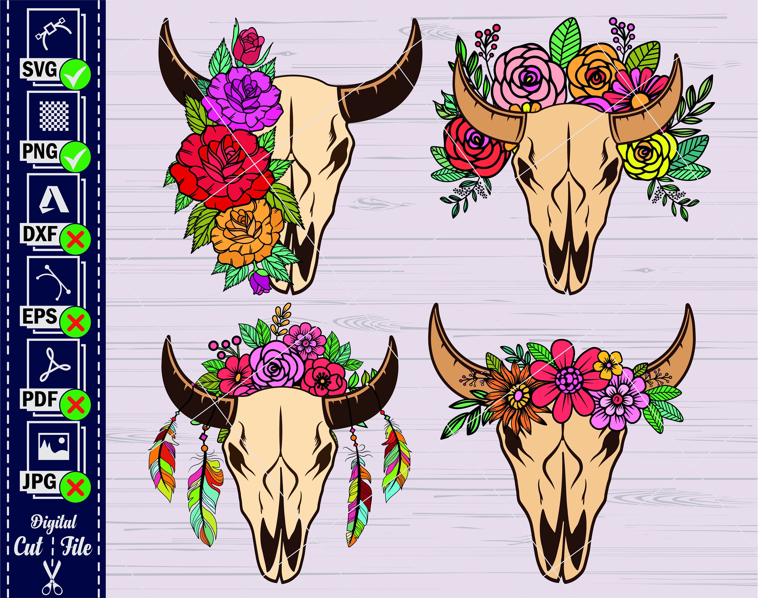 Cow Skull With Flowers SVG 2 Cow Skull Svg File Cow Skull - Etsy